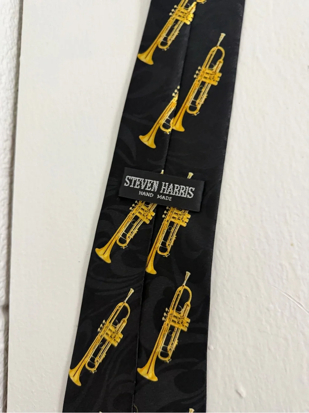 Steven Harris Hand Made Black Tie with Yellow Trumpet Pattern Worn Once
